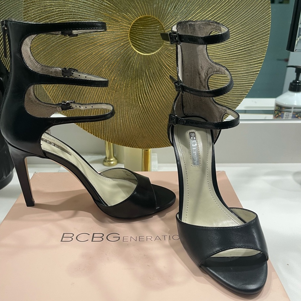 Black Leather Peep Toe Heels